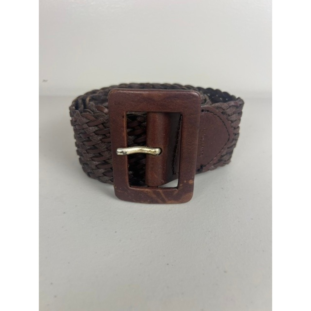 Calvin Klein Dark Brown Braided Leather Wide Belt Woven Buckle Large